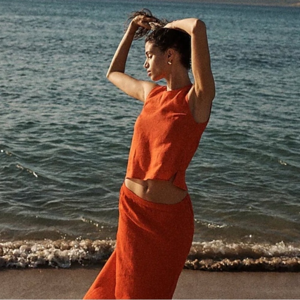 MADEWELL Tie-Back Scoopneck Top in 100% Linen in Rouge Red Size 2